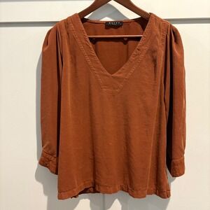 Maven West Top Rust Brown V-Neck Blouse Puff Sleeve Soft USA Made Small
